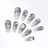 frosty grey Gems & 3D nails with ice flak shape diamond on it